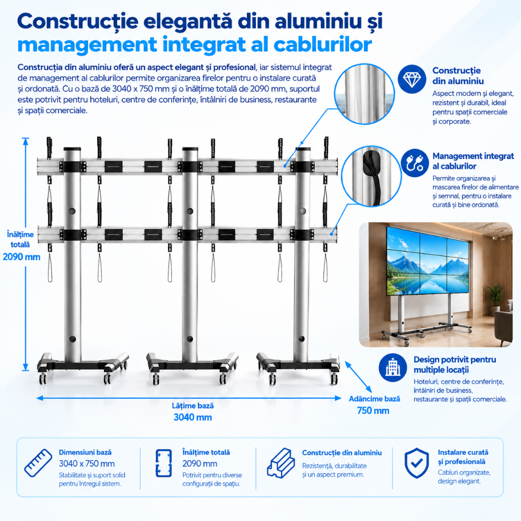 Construcție elegantă din aluminiu și management integrat al cablurilor