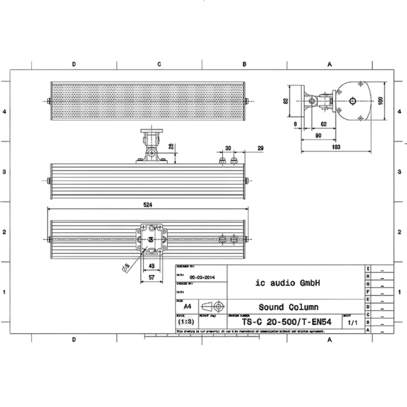 Coloana audio IC AUDIO TS-C 20-500/T-EN, 217 - 16.900Hz, 20W, 100.3dB, 100V, IP66