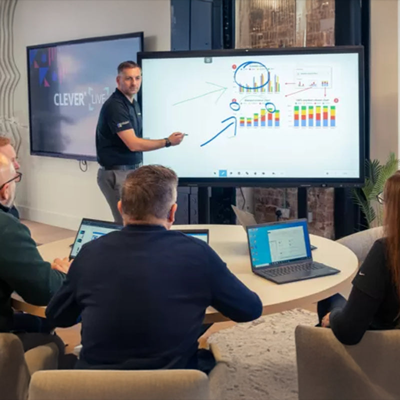 Display interactiv All-in-one Clevertouch UX Pro Edge, 75”, 4K, Android 13, 40 puncte touch, 60W, 48MP, microfoane, NFC, LYNX Whiteboard, certificare Google EDLA, tehnologie InGlass