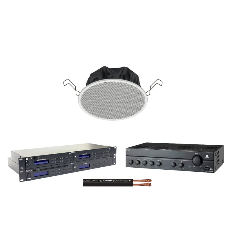 Sistem sonorizare TOA pentru magazine/cafenele mici, difuzor plafon, amplificator, player audio si cabluri incluse
