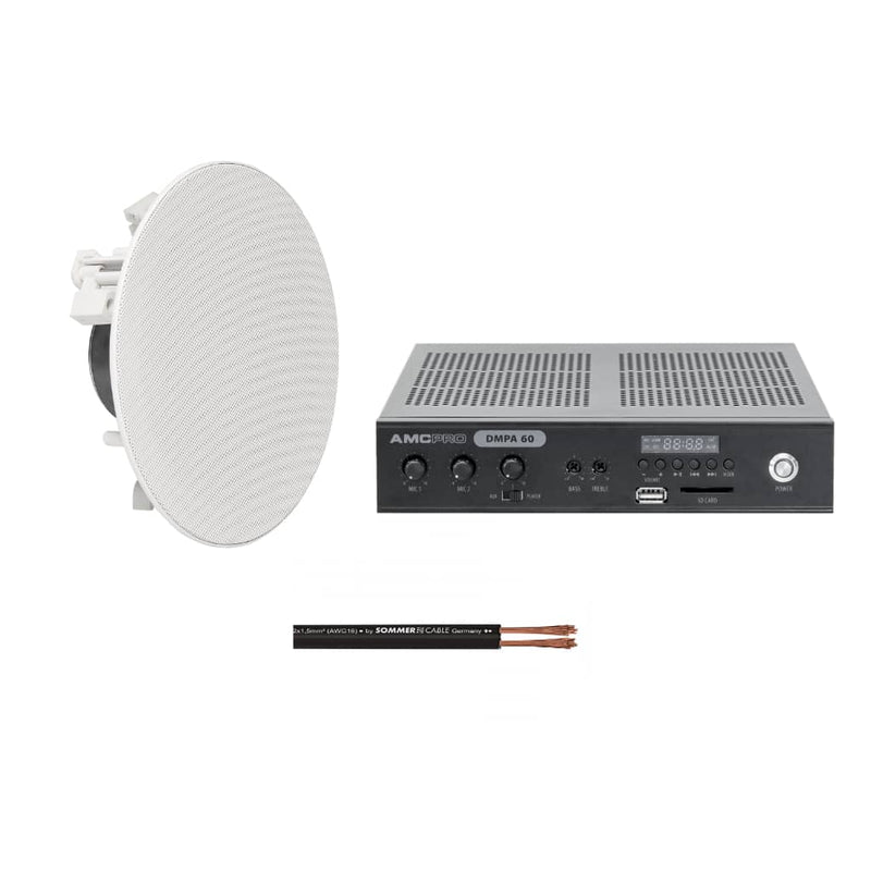 Sistem sonorizare AMC pentru magazine/cafenele mici, difuzor plafon, amplificator si cabluri incluse