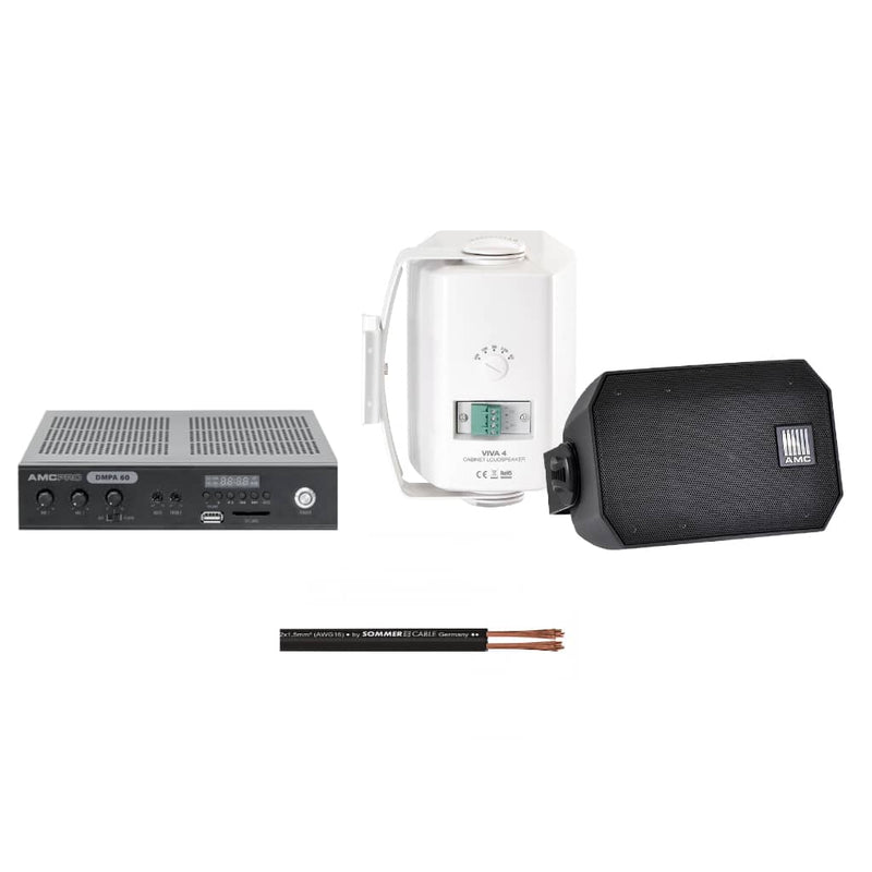 Sistem sonorizare AMC pentru magazine/cafenele mici, difuzor perete, amplificator si cabluri incluse