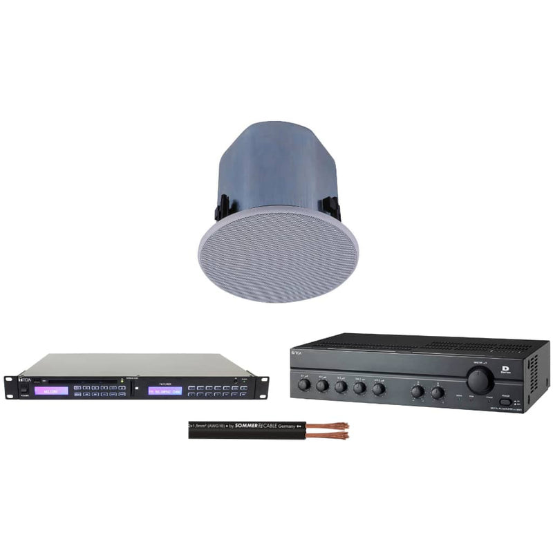 Sistem sonorizare TOA pentru magazine/cafenele medii, difuzor plafon, amplificator, player audio si cabluri incluse