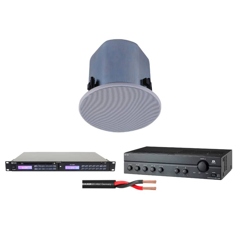Sistem sonorizare TOA pentru magazine/cafenele mari, difuzor plafon, amplificator, player audio si cabluri incluse